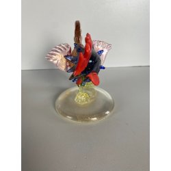 SCULTURA VETRO Murano SOMMERSO TRASPARENTE FOGLIA ORO GALLO 12,5 cm/h '50