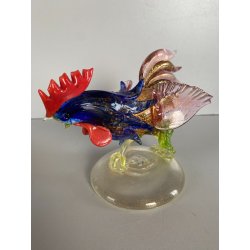 SCULTURA VETRO Murano SOMMERSO TRASPARENTE FOGLIA ORO GALLO 12,5 cm/h '50