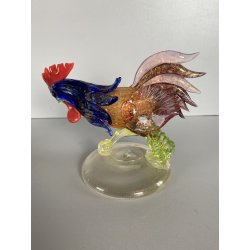 SCULTURA VETRO Murano SOMMERSO TRASPARENTE FOGLIA ORO GALLO 12,5 cm/h '50