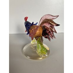 SCULTURA VETRO Murano SOMMERSO TRASPARENTE FOGLIA ORO GALLO 12,5 cm/h '50