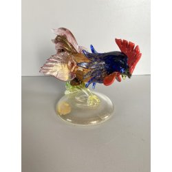 SCULTURA VETRO Murano SOMMERSO TRASPARENTE FOGLIA ORO GALLO 12,5 cm/h '50