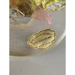 SCULTURA VETRO Murano SOMMERSO TRASPARENTE FOGLIA ORO GALLO 12,5 cm/h '50