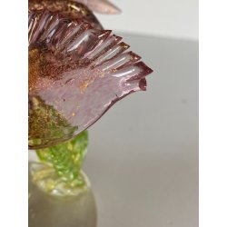 SCULTURA VETRO Murano SOMMERSO TRASPARENTE FOGLIA ORO GALLO 12,5 cm/h '50