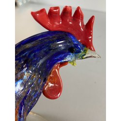 SCULTURA VETRO Murano SOMMERSO TRASPARENTE FOGLIA ORO GALLO 12,5 cm/h '50