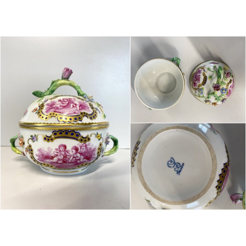 ANTICA TAZZA da BRODO CON COPERCHIO PORCELLANA SP Dresden SCENE PUTTI '800/'900