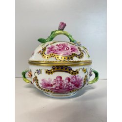 ANTICA TAZZA da BRODO CON COPERCHIO PORCELLANA SP Dresden SCENE PUTTI '800/'900