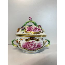 ANTICA TAZZA da BRODO CON COPERCHIO PORCELLANA SP Dresden SCENE PUTTI '800/'900