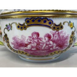 ANTICA TAZZA da BRODO CON COPERCHIO PORCELLANA SP Dresden SCENE PUTTI '800/'900