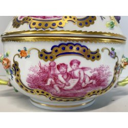 ANTICA TAZZA da BRODO CON COPERCHIO PORCELLANA SP Dresden SCENE PUTTI '800/'900