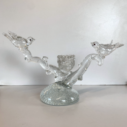 SCULTURA PORTACANDELA UCCELLINI RAMO VETRO Murano TRASPARENTE BULLICANTE '30/'40