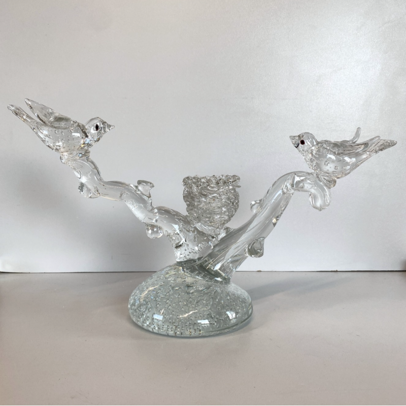 SCULTURA PORTACANDELA UCCELLINI RAMO VETRO Murano TRASPARENTE BULLICANTE '30/'40