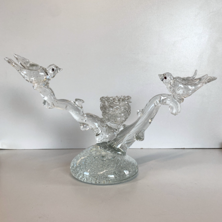 SCULTURA PORTACANDELA UCCELLINI RAMO VETRO Murano TRASPARENTE BULLICANTE '30/'40