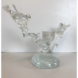 SCULTURA PORTACANDELA UCCELLINI RAMO VETRO Murano TRASPARENTE BULLICANTE '30/'40
