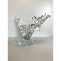 SCULTURA PORTACANDELA UCCELLINI RAMO VETRO Murano TRASPARENTE BULLICANTE '30/'40