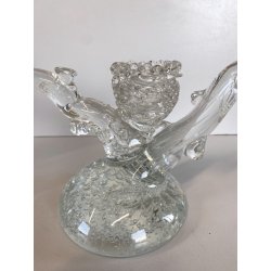 SCULTURA PORTACANDELA UCCELLINI RAMO VETRO Murano TRASPARENTE BULLICANTE '30/'40