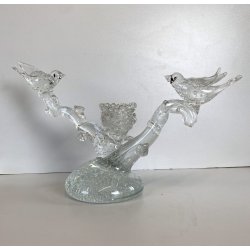 SCULTURA PORTACANDELA UCCELLINI RAMO VETRO Murano TRASPARENTE BULLICANTE '30/'40