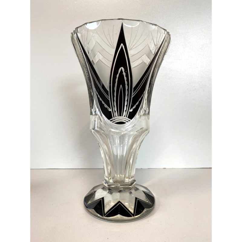 VASO CRISTALLO MOLATO BOHEMIAN CRYSTAL INSERTI NERI ART DECò 23cm/h ANNI '20/'30