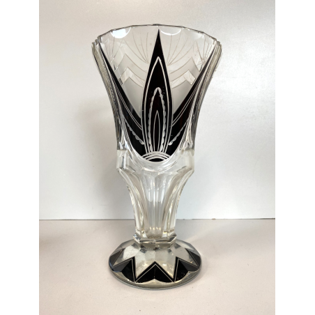 VASO CRISTALLO MOLATO BOHEMIAN CRYSTAL INSERTI NERI ART DECò 23cm/h ANNI '20/'30