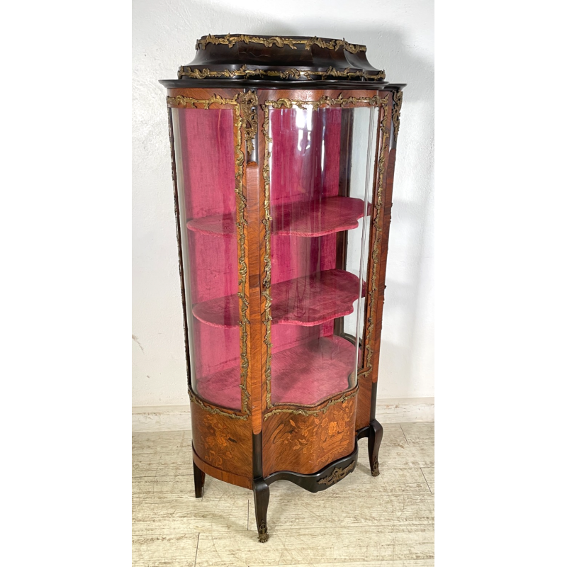 ANTICA VETRINA CRISTALLIERA LEGNO BRONZO INTARSIO ANTA STOFFA ROSSA EPOCA '900