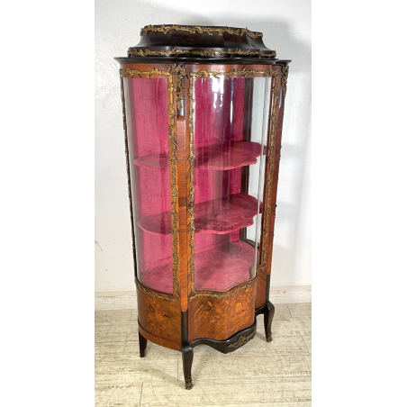 ANTICA VETRINA CRISTALLIERA LEGNO BRONZO INTARSIO ANTA STOFFA ROSSA EPOCA '900