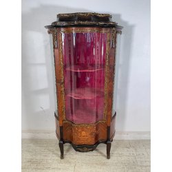 ANTICA VETRINA CRISTALLIERA LEGNO BRONZO INTARSIO ANTA STOFFA ROSSA EPOCA '900
