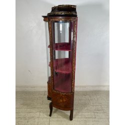 ANTICA VETRINA CRISTALLIERA LEGNO BRONZO INTARSIO ANTA STOFFA ROSSA EPOCA '900
