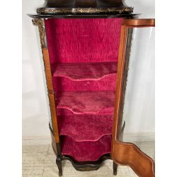 ANTICA VETRINA CRISTALLIERA LEGNO BRONZO INTARSIO ANTA STOFFA ROSSA EPOCA '900