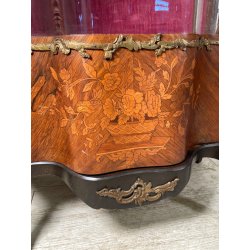 ANTICA VETRINA CRISTALLIERA LEGNO BRONZO INTARSIO ANTA STOFFA ROSSA EPOCA '900