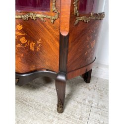 ANTICA VETRINA CRISTALLIERA LEGNO BRONZO INTARSIO ANTA STOFFA ROSSA EPOCA '900