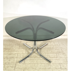TAVOLO PRANZO ROTONDO DESIGN Gastone Rinaldi ANNI 70 METALLO CROMATO VETRO ø120