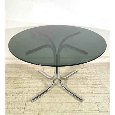 TAVOLO PRANZO ROTONDO DESIGN Gastone Rinaldi ANNI 70 METALLO CROMATO VETRO ø120