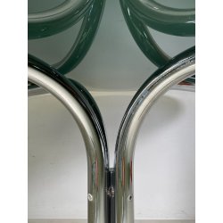 TAVOLO PRANZO ROTONDO DESIGN Gastone Rinaldi ANNI 70 METALLO CROMATO VETRO ø120
