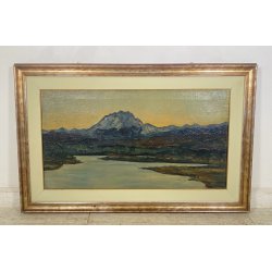 DIPINTO OLIO Carlo Monti VEDUTA PAESAGGIO LACUSTRE LAGO MAGGIORE MONTAGNE