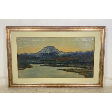 DIPINTO OLIO Carlo Monti VEDUTA PAESAGGIO LACUSTRE LAGO MAGGIORE MONTAGNE