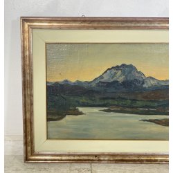 DIPINTO OLIO Carlo Monti VEDUTA PAESAGGIO LACUSTRE LAGO MAGGIORE MONTAGNE