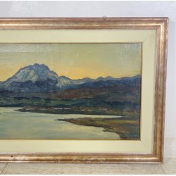 DIPINTO OLIO Carlo Monti VEDUTA PAESAGGIO LACUSTRE LAGO MAGGIORE MONTAGNE