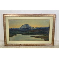 DIPINTO OLIO Carlo Monti VEDUTA PAESAGGIO LACUSTRE LAGO MAGGIORE MONTAGNE