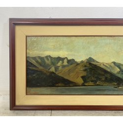 DIPINTO OLIO Carlo Monti VEDUTA PAESAGGIO LACUSTRE LAGO MAGGIORE MONTAGNE
