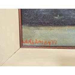 DIPINTO OLIO Carlo Monti VEDUTA PAESAGGIO LACUSTRE LAGO MAGGIORE MONTAGNE