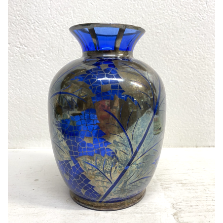 VASO VETRO BLU COBALTO DECORO ARGENTO FOGLIATO SILVER OVERLAY ART DECO' '900