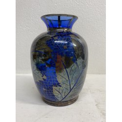 VASO VETRO BLU COBALTO DECORO ARGENTO FOGLIATO SILVER OVERLAY ART DECO' '900