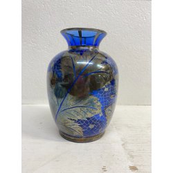 VASO VETRO BLU COBALTO DECORO ARGENTO FOGLIATO SILVER OVERLAY ART DECO' '900
