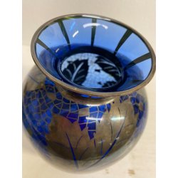 VASO VETRO BLU COBALTO DECORO ARGENTO FOGLIATO SILVER OVERLAY ART DECO' '900