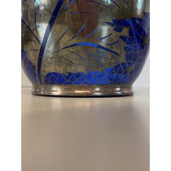 VASO VETRO BLU COBALTO DECORO ARGENTO FOGLIATO SILVER OVERLAY ART DECO' '900