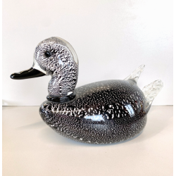 SCULTURA ANATRA PAPERA VETRO MURANO SOMMERSO NERO FOGLIA ARGENTO 32x15 cm/h '60