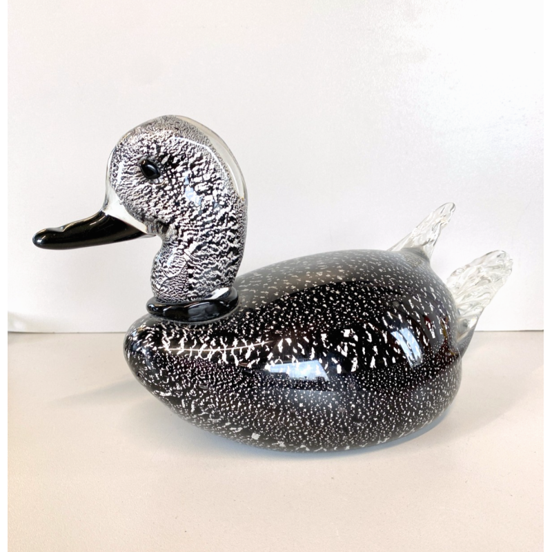 SCULTURA ANATRA PAPERA VETRO MURANO SOMMERSO NERO FOGLIA ARGENTO 32x15 cm/h '60