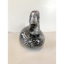 SCULTURA ANATRA PAPERA VETRO MURANO SOMMERSO NERO FOGLIA ARGENTO 32x15 cm/h '60