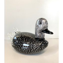 SCULTURA ANATRA PAPERA VETRO MURANO SOMMERSO NERO FOGLIA ARGENTO 32x15 cm/h '60