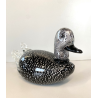 SCULTURA ANATRA PAPERA VETRO MURANO SOMMERSO NERO FOGLIA ARGENTO 32x15 cm/h '60
