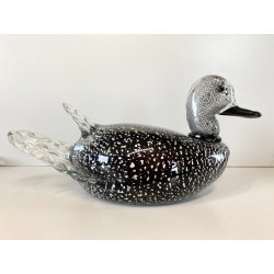 SCULTURA ANATRA PAPERA VETRO MURANO SOMMERSO NERO FOGLIA ARGENTO 32x15 cm/h '60